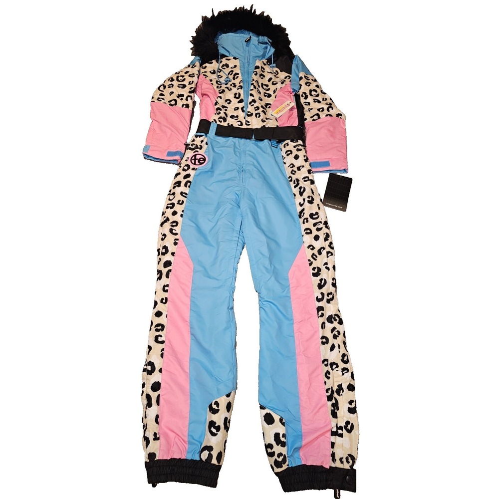 Tipsy Elves Ski Snow Suit Snow Leopard Womens  xs Pink Blue Faux Fur NWT
